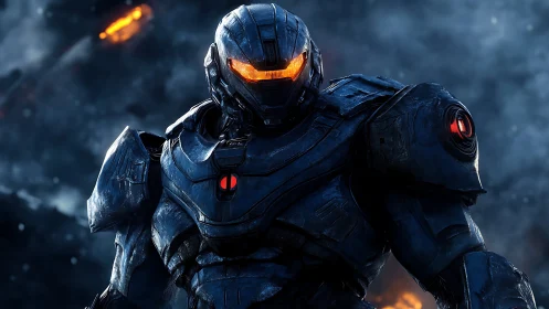 Storm-lit battle mech with ember eyes ready for impact.