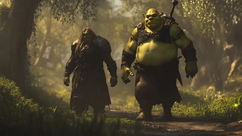 Orc warriors walking through misty forest path at dawn.