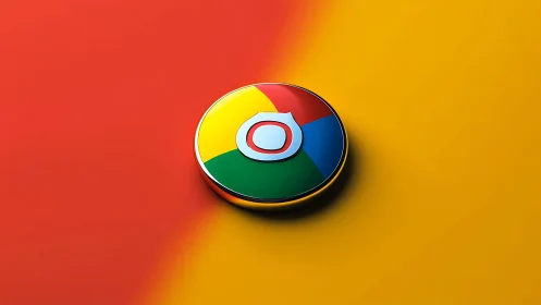 Chrome-style circular logo rests on split red-yellow field