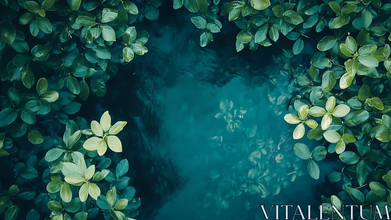 Dense green foliage encircles teal water with soft reflected leaf forms