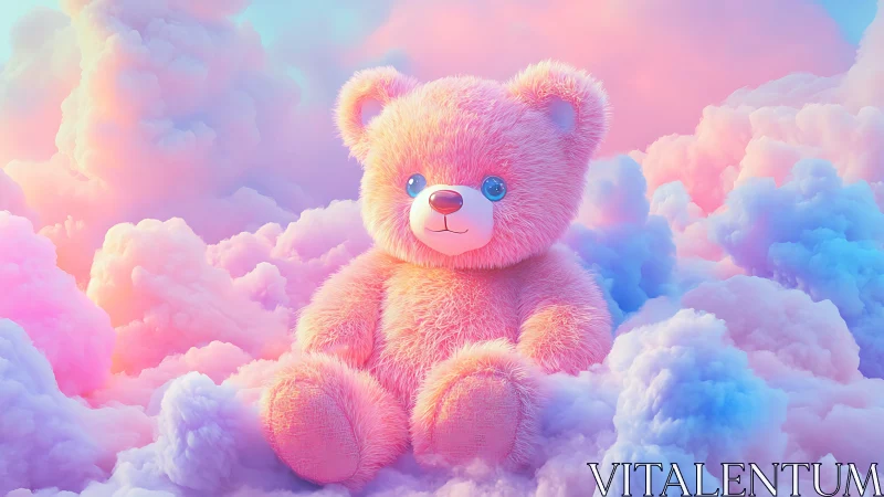 Pink fluffy teddy bear sitting in pastel colored clouds.