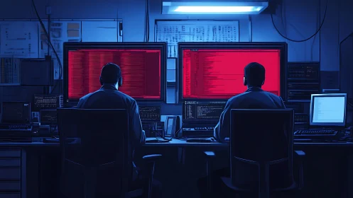 Two operators at dual red screens in blue-lit control room.