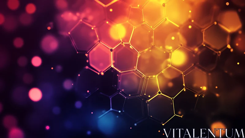 Glowing hexagonal network under vivid abstract bokeh light.