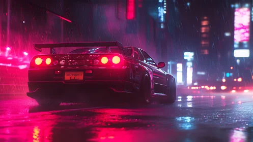 Neon soaked street racer glowing in a rainy night city.