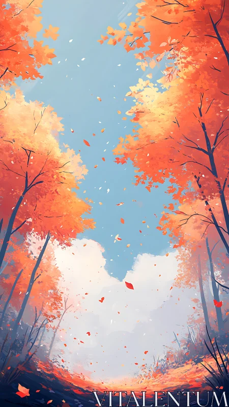 Autumn Canopy: Luminous Falling Leaves Against Clear Sky.