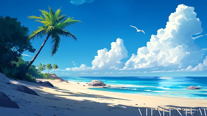 Tropical Beach Seascape with Palm Trees and Blue Sky.