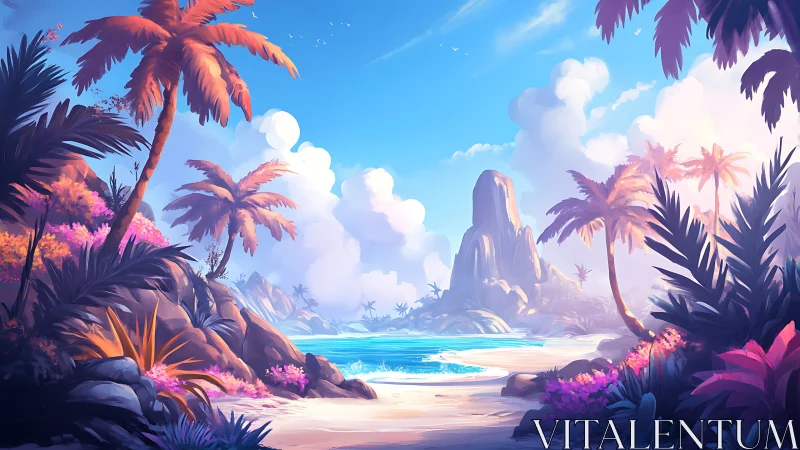 Tropical Landscape with Palm Trees, Rock Formation, Beach