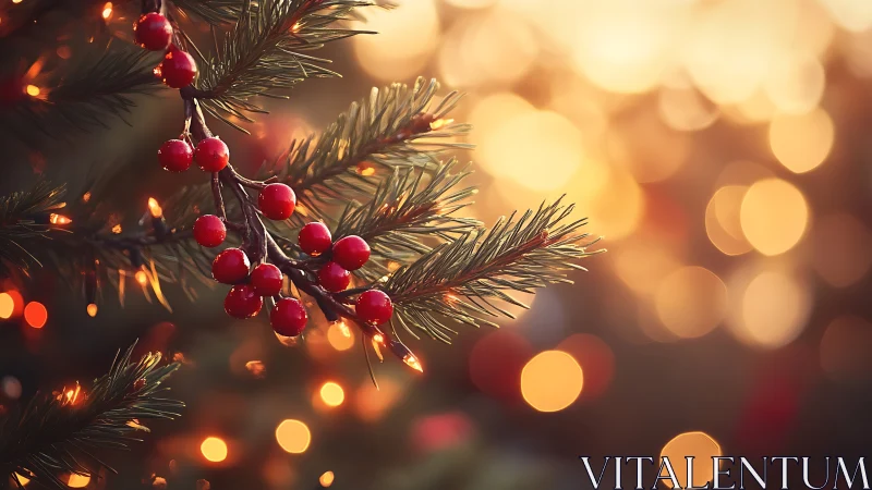 Macro evergreen bokeh study with red berry illumination.