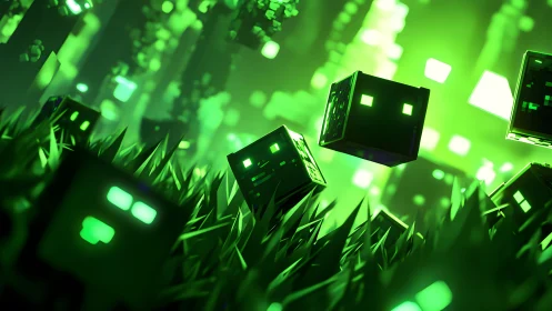 Futuristic Green Pixel Cubes in Digital Grassland, 3D Render Style.