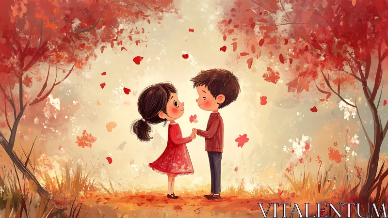 Two Children Sharing a Romantic Moment in Autumn Wonderland
