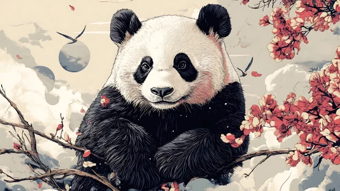 Dreamy panda rests among blossoms in a soft painted sky