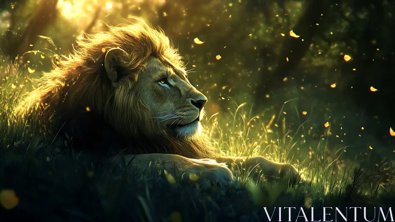Majestic lion rests in glowing forest light at dusk.