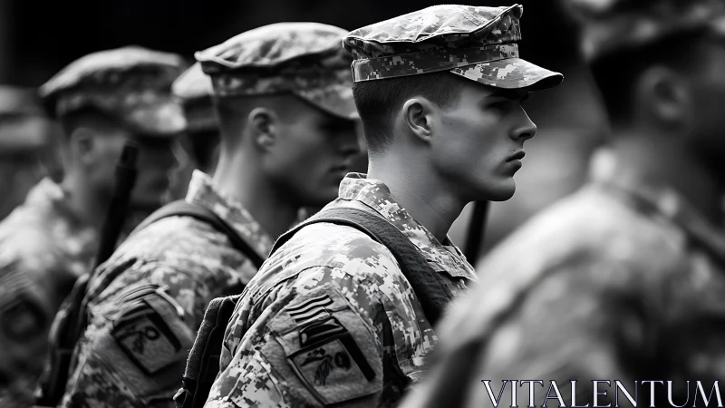 Monochrome profile of soldiers standing in formation.