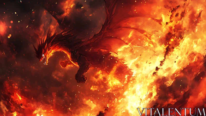 Fiery dragon silhouette emerging from intense flames.
