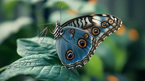 Blue butterfly on leaf with detailed eye spot wings.
