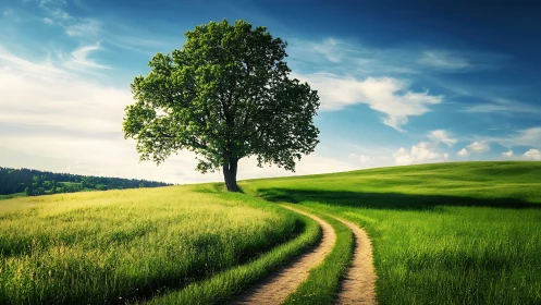 Solitary oak beside winding country path at golden hour.