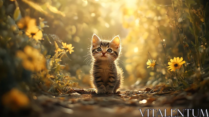 Kitten positioned among yellow flowers in sunlit garden setting