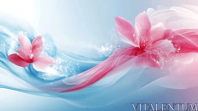 Pink flowers rendered with blue light trails and particles