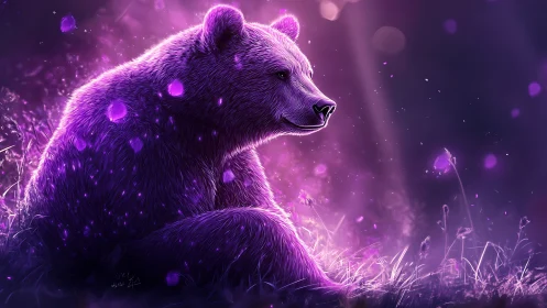 Luminous violet bear resting in glowing meadow twilight.