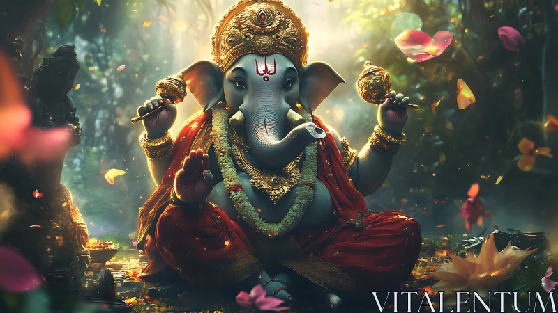 Divine Ganesha digital painting in luminous forest shrine.