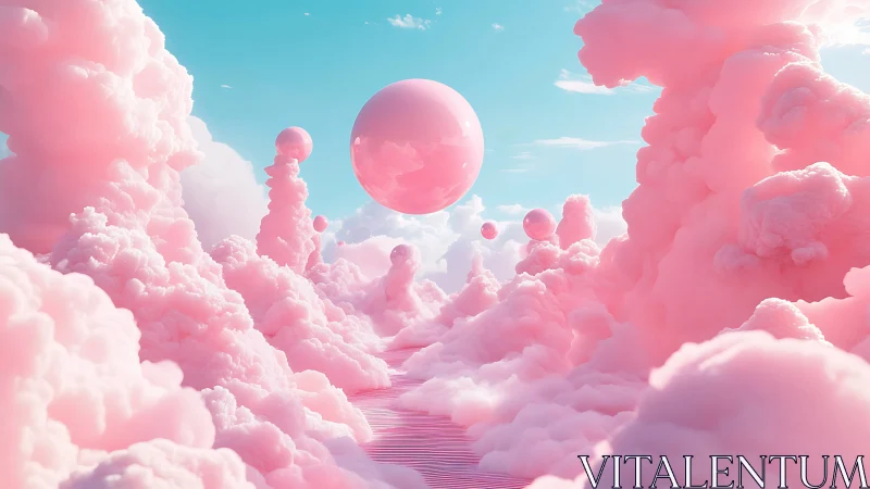 Floating pink orbs drift through cotton candy clouds.
