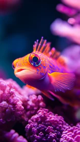 Neon reef fish portrait in luminous magenta coral environment.