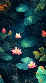 Digital lotus pond with lush tropical foliage at dusk.