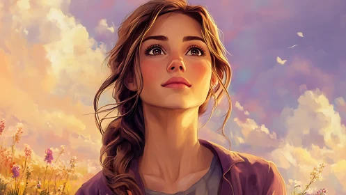 Sunlit portrait of young woman in luminous pastoral sky