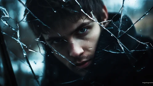 Shattered glass stitches together his storm-lit, piercing gaze