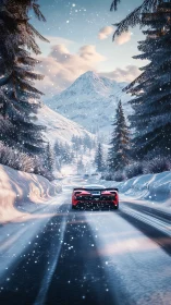 Aerodynamic supercar traversing dynamic snowy alpine pass.