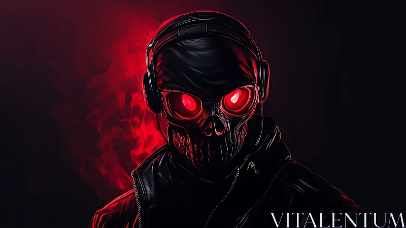 Cybernetic skull DJ portrait rendered in neon red lighting