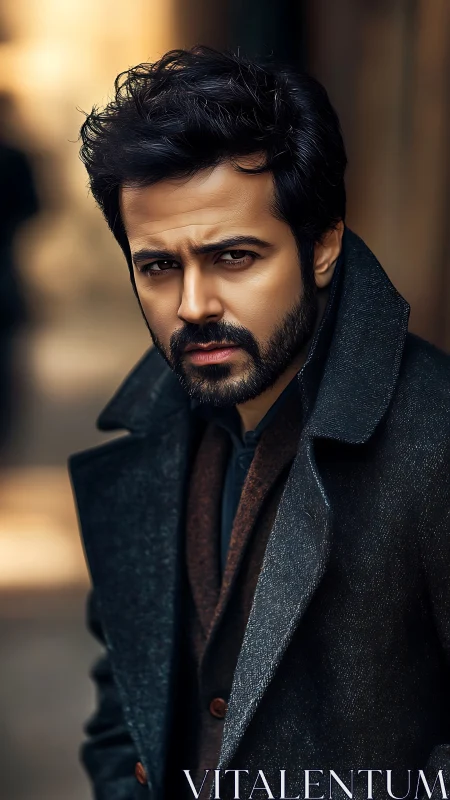 Brooding man in dark overcoat under warm street light.
