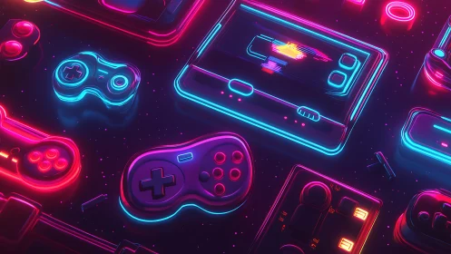 Neon game controllers and consoles in stylized layout.