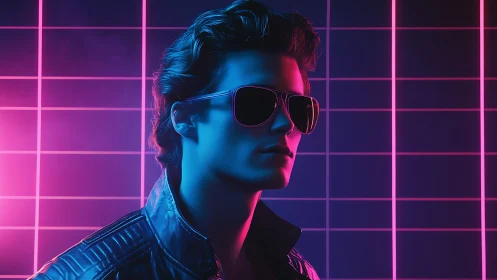 Retro-futuristic portrait in neon grid with glossy leather jacket.