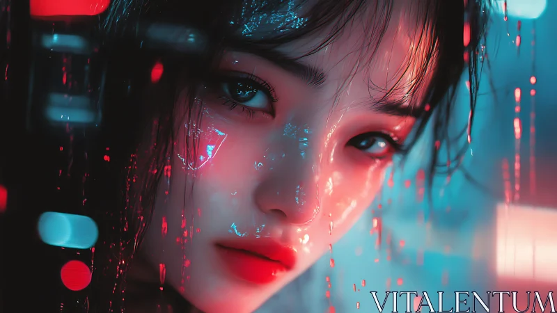 Cybernetic rain portrait with neon chromatic specular mapping.