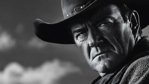 Weathered cowboy portrait under brooding western sky.