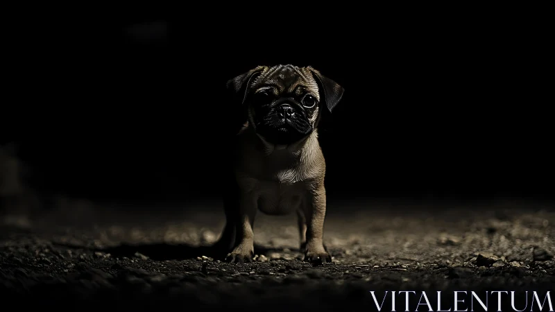 Tiny night guard pug strides through dramatic darkness