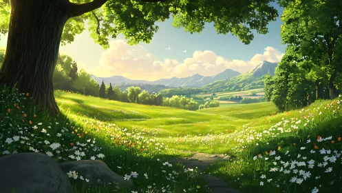 Sunlit meadow path opening toward soft rolling mountains.