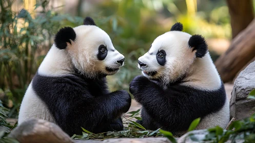 Playful panda cubs trade gestures in lush bamboo habitat.