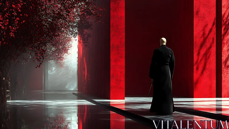 Solitary warrior walks across mirrored red corridor