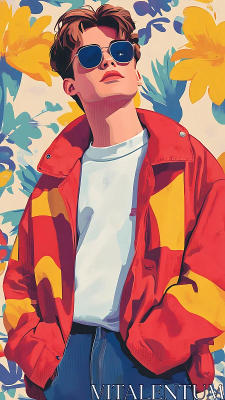 Stylized portrait of sunglasses youth against floral backdrop