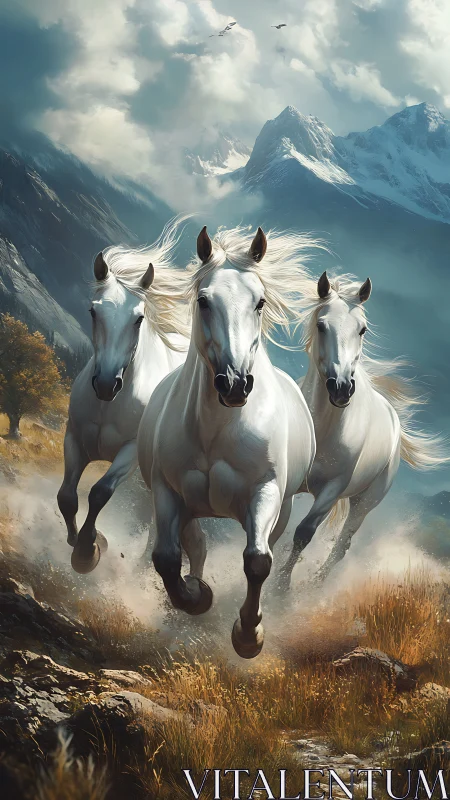 Three white horses running through a rugged mountain pass.