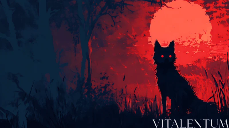 Silhouetted wolf under crimson moon in high-contrast digital painting