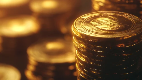 Stacked metallic coins under warm directional light with shallow focus