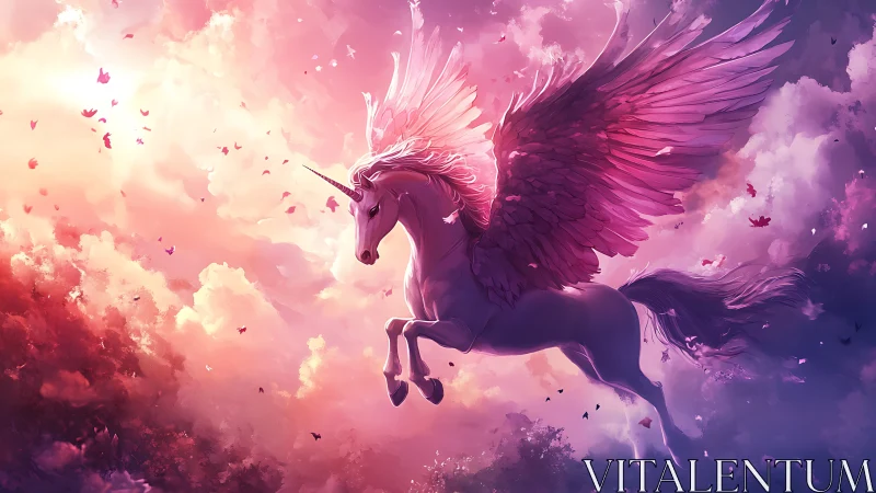 Winged unicorn soars through radiant twilight clouds.