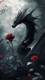 Ebony dragon guards crimson roses in misted forest twilight.