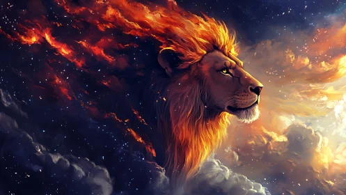 Celestial lion portrait with blazing cosmic fire mane.