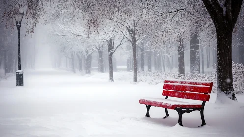 Red park bench contrasts high-key snowy avenue under soft fog