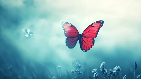 Gentle scarlet butterfly drifting through a dreamy blue sky.