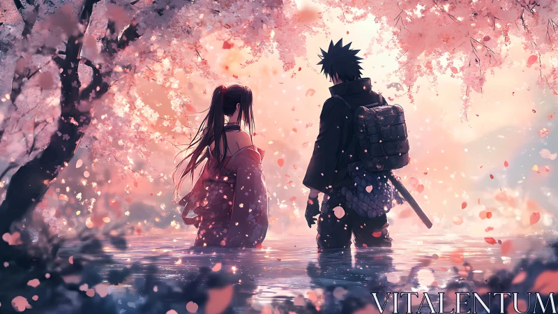 Samurai pair in flooded sakura grove under refracted dusk light.